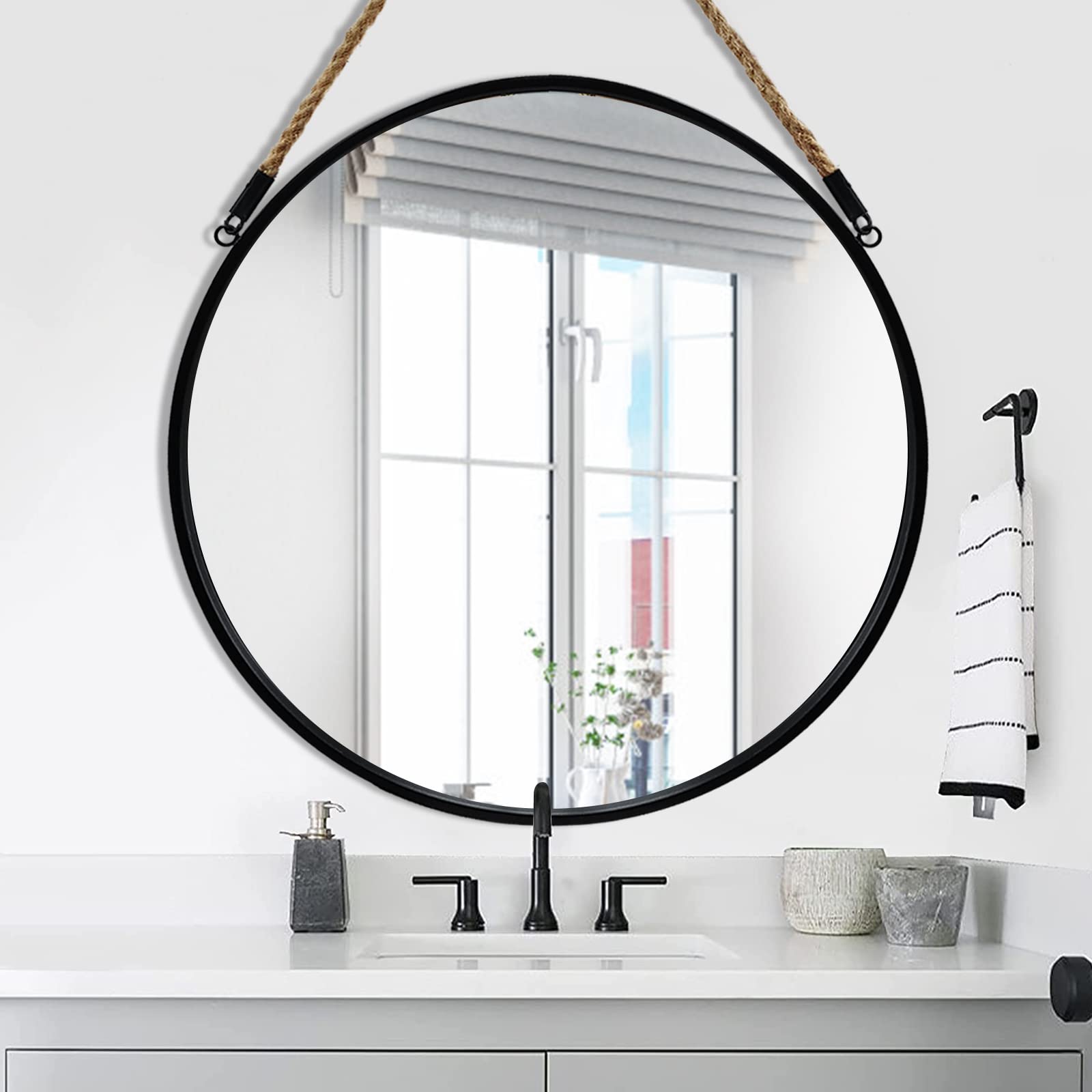 POZINO Large Round Hanging Mirror, Circle Wall Mirror with Rope, 30 Inch Black Frame Farmhouse Mirror for Bathroom Bedroom Living Room Entryway Home Decor