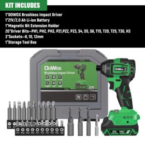 DOWOX 2035 In-lbs Powerful Impact Driver Kit, 21V MAX*Brushless Cordless Impact Driver, 1/4" Hex Chuck, 4-Speed, 24 PCS Screwdriver Bits & Sockets, for Repairs, Long Rusted Screws or Frozen Bolts