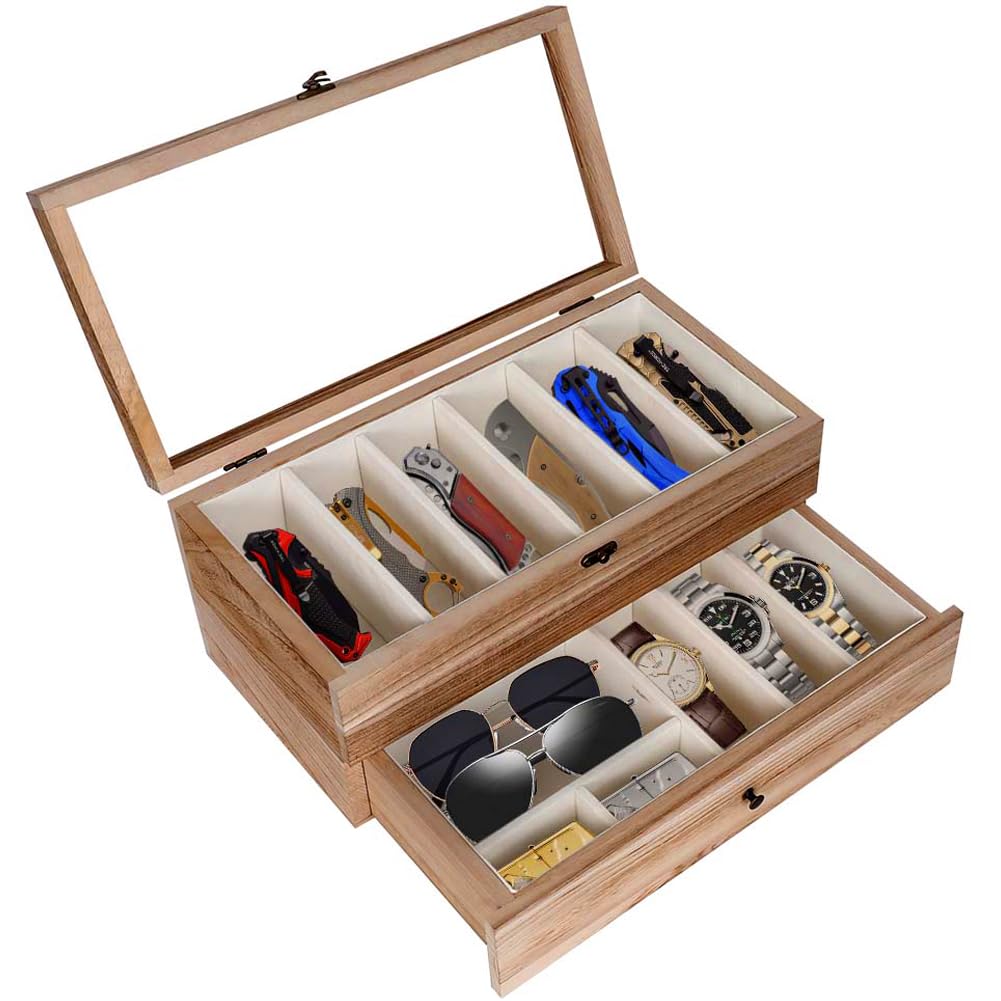 Fly2Top Knife Display Case for Pocket Knives: Wooden Pocket Knife Holder Organizer with Drawer for Folding Knife Butterfly Knives Collections Storage