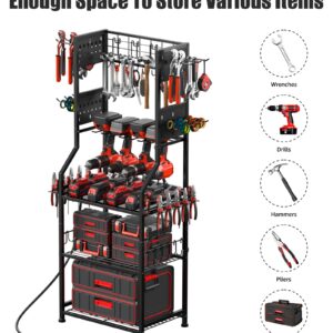 CCCEI Garage Small Power Tools Organizer Floor Stand, Drill and Battery Storage Rack with Charging Station, All Metal Tool Shelf with Pegboard and Hooks, Gift for Men.