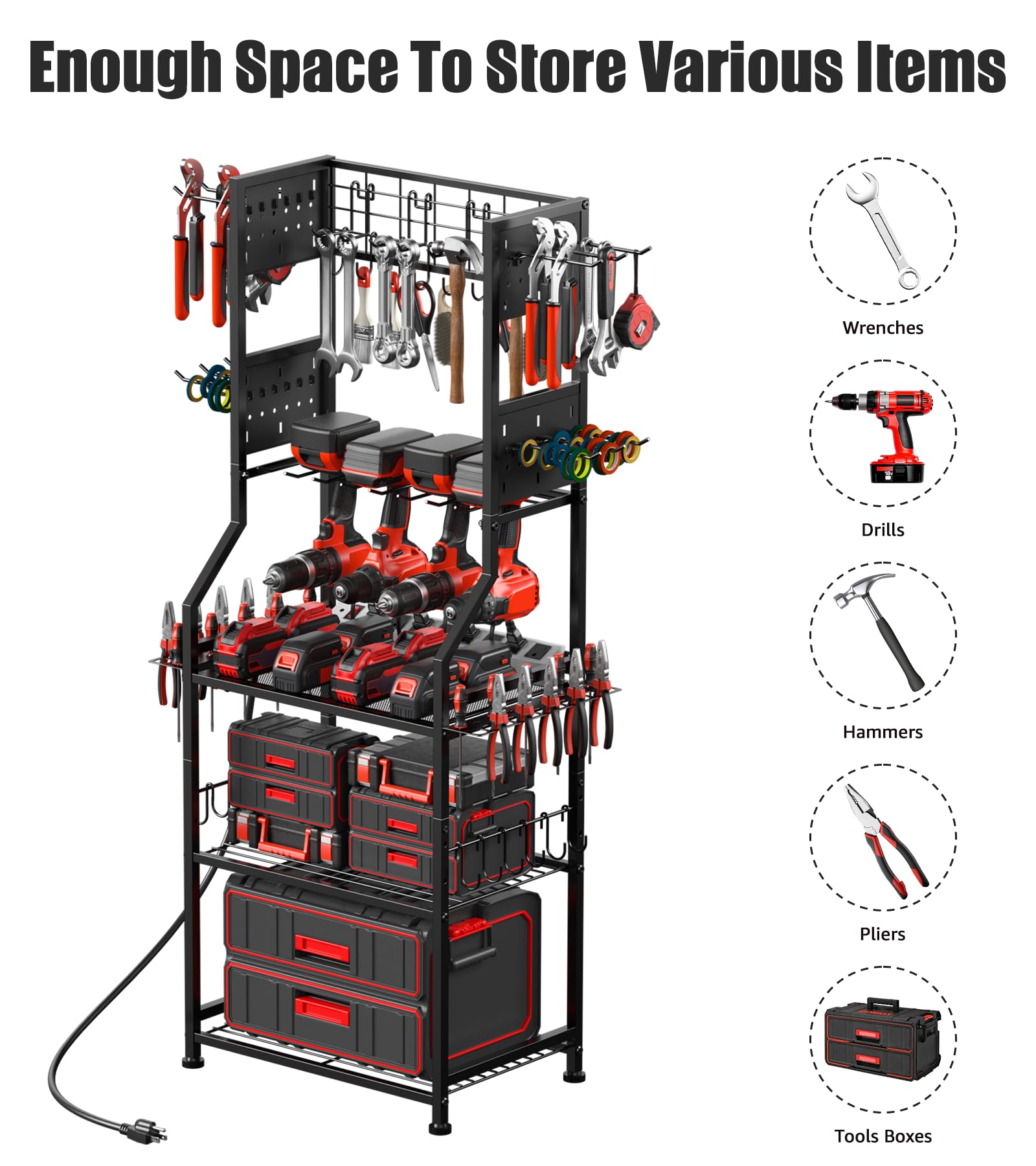 CCCEI Garage Small Power Tools Organizer Floor Stand, Drill and Battery Storage Rack with Charging Station, All Metal Tool Shelf with Pegboard and Hooks, Gift for Men.