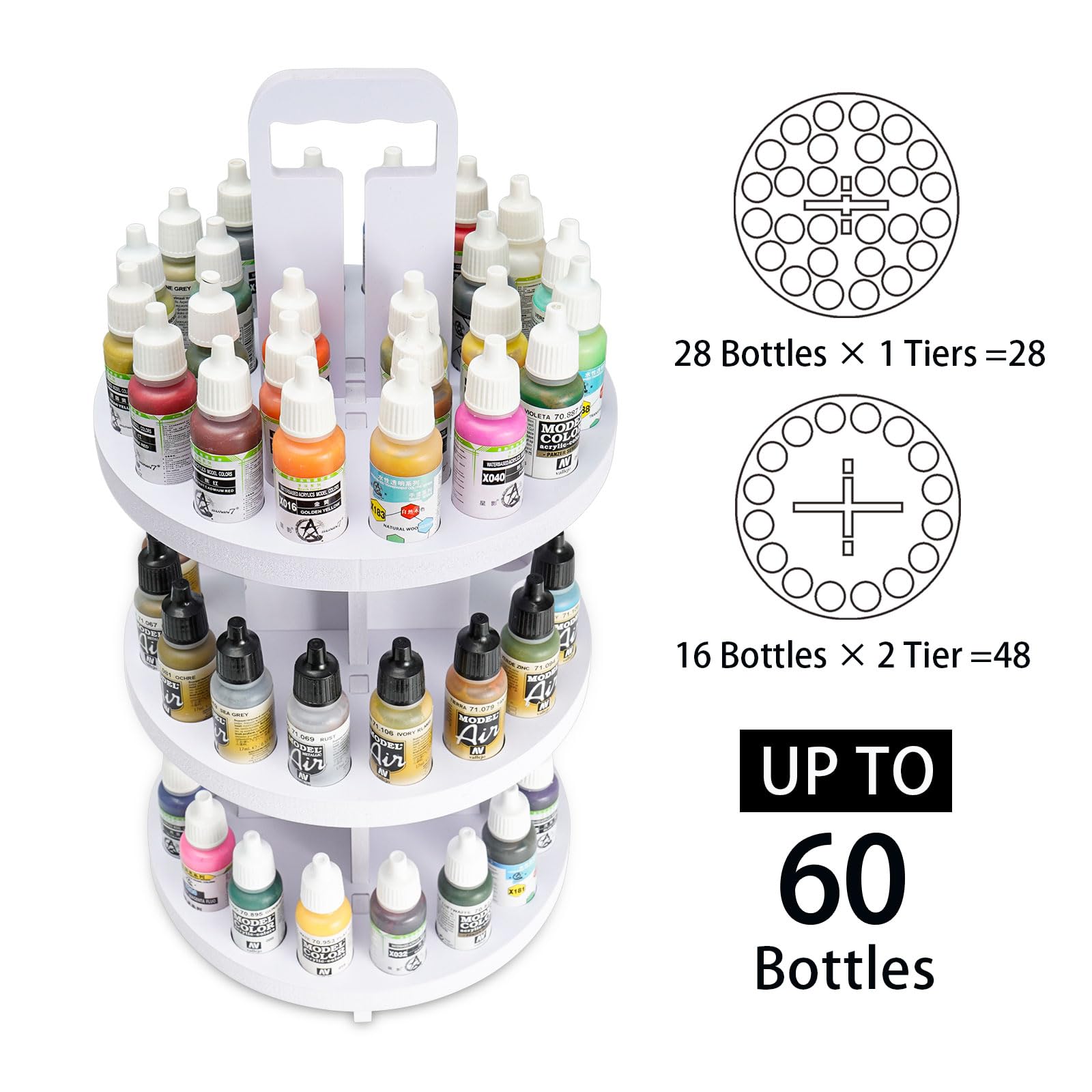 SANFURNEY 3 Tiers Spinning Paint Organizer Rack for 17ml Paint Dropper Bottle, 60 Holes Craft Paint Rotating Tower, Desktop Paint Storage Holder Stand for 17ml Vallejo, Army Painter, AK Interactive