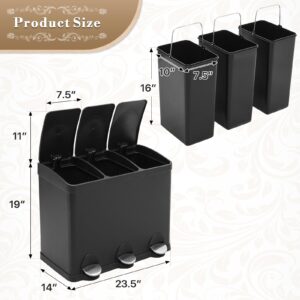 Athena Collection 3 in 1 Trash Can with Lid Triple Step-on Trash Can 15 Liter Waste Bin 4 Gallon Trash Bin 3 Compartment Garbage Bin Inner Bucket with Handle for Kitchen, Living Room, Office, Black