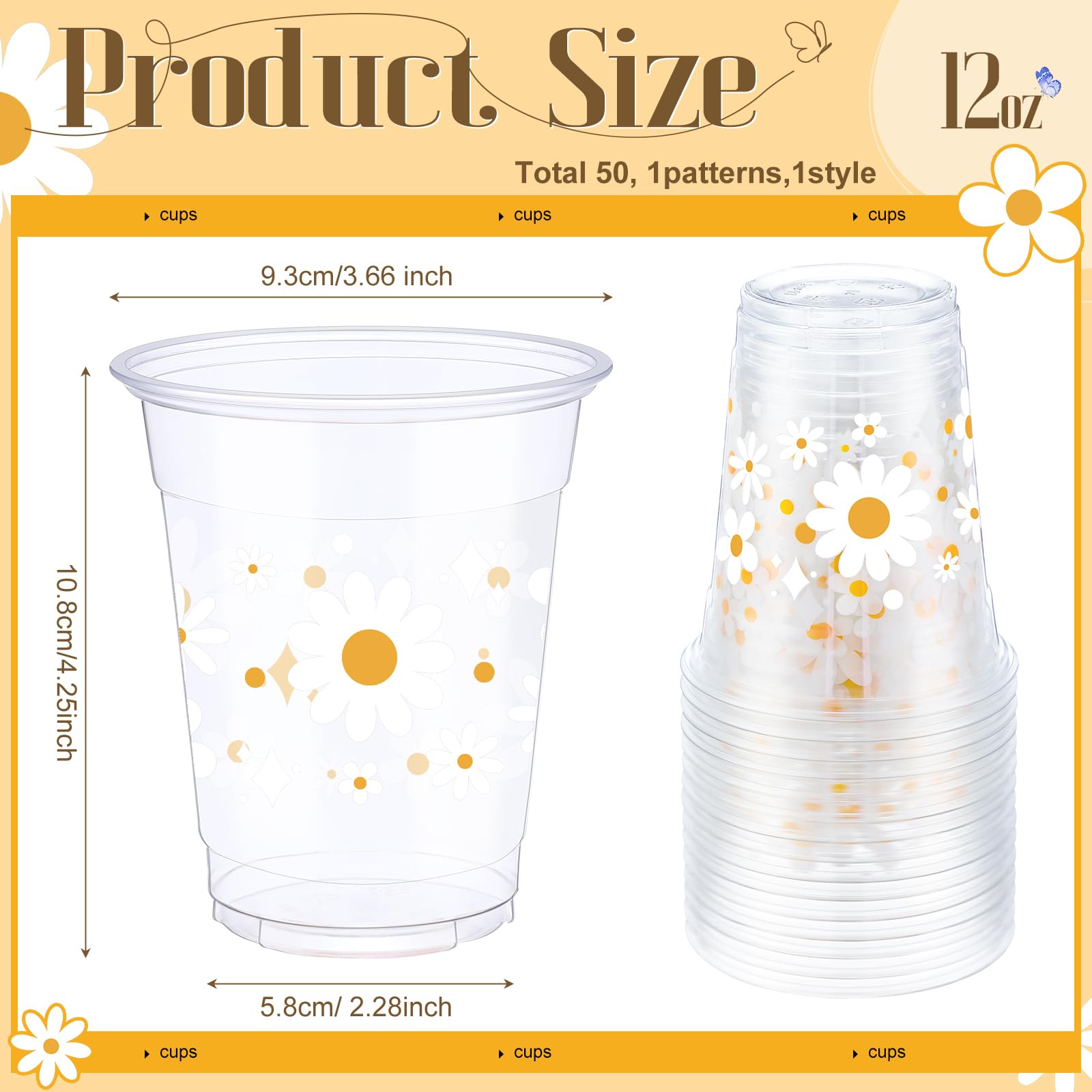 Yaomiao 50 Pieces Daisy Plastic Cups 12 Oz Bulk Retro Hippie Clear Disposable Cups Daisy Flower Drinking Beverage Cups for Birthday Baby Shower Bridal Shower Bachelorette Party Decoration Supplies