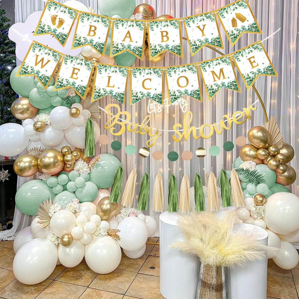 JerDorgo Baby Shower Decorations, 220 Pcs Sage Green Baby Shower Decorations Kits with Party Plates and Napkins Sets, Baby Shower Decor Party Supplies with Banner, Balloons, Sash, Cake Topper