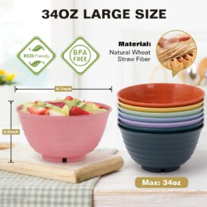 ZENGABIA Wheat Straw Bowls, 34 Oz Large Plastic Cereal Bowls Sets of 8, Unbreakable Deep Soup Bowl Reusable Microwave Dishwasher Safe BPA-Free for Salad Noodle Ice Cream, Multicolor