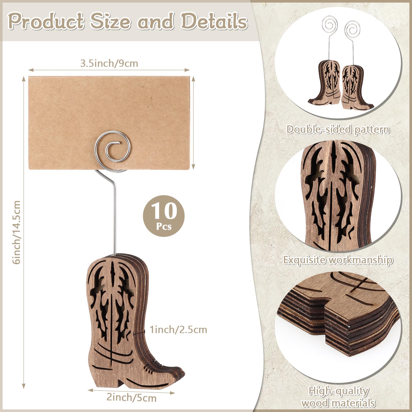 Havawish 10 Pcs Wood Cowboy Boot Place Card Holders and 10 Pcs Kraft Table Place Cards Cowboy Boots Table Number Holders Photo Holder Menu Memo Clips Cowboy Boot Decorations for Wedding Party Favors