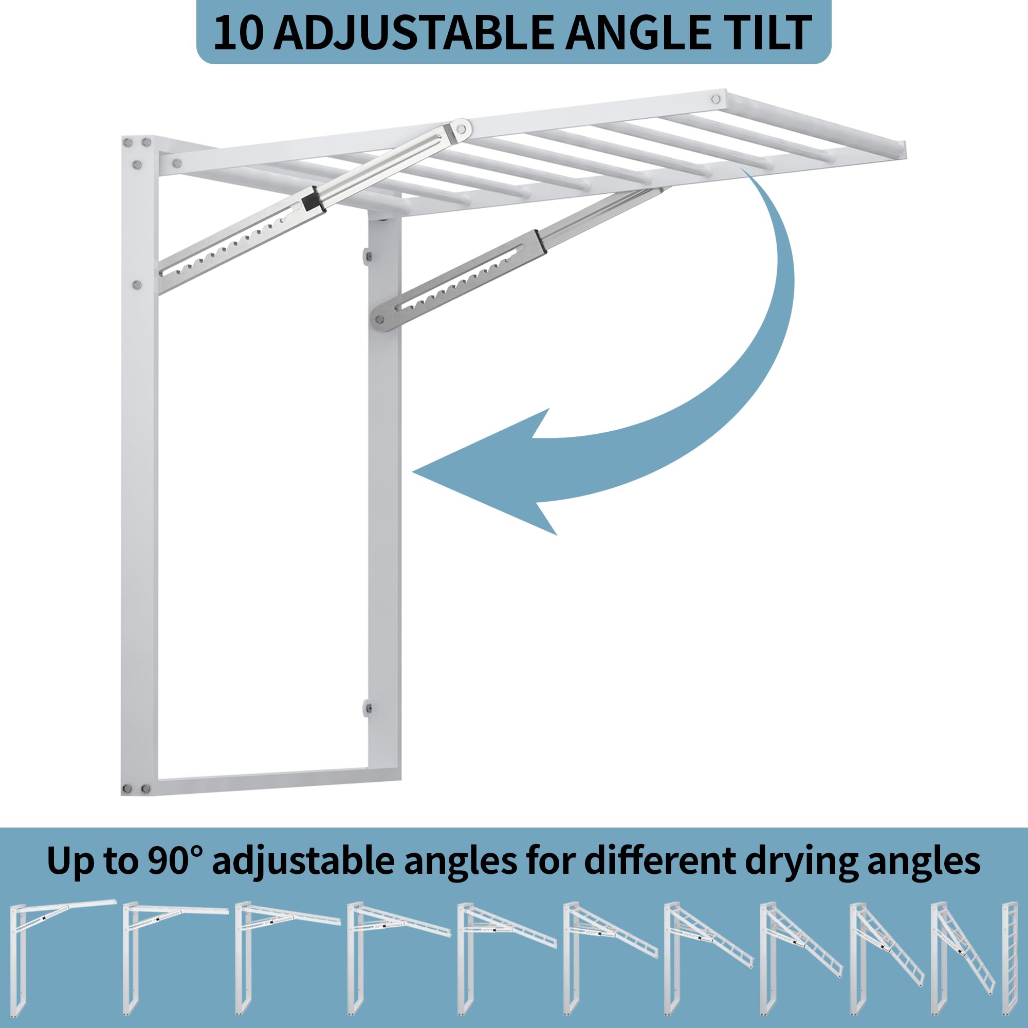 yeshine 31.5" Wide Wall Mounted Clothes Drying Rack, 23.6 Linear Feet Capacity, 60 Lb Capacity, 9 Smooth Metal Round Rods, Collapsible Laundry Drying Rack, Adjustable Drying Rack Clothing Heavy Duty