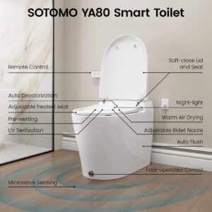 SOTOMO Smart Toilet With Built-in Bidet, Elongated Bidet Toilet, Instant Warm Water Wash, Auto Flush, Auto Open/Close, Heated Seat, Dryer, Night-Light, and Flush Capability During a Blackout - YA80