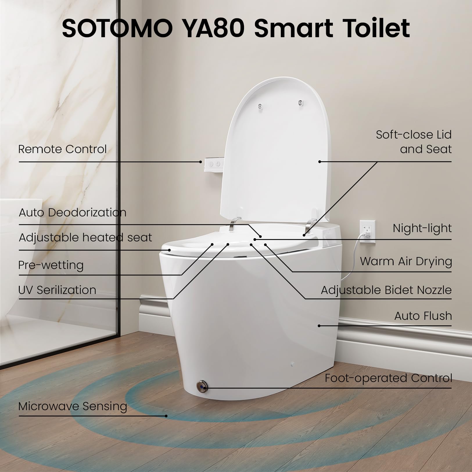 SOTOMO Smart Toilet With Built-in Bidet, Elongated Bidet Toilet, Instant Warm Water Wash, Auto Flush, Auto Open/Close, Heated Seat, Dryer, Night-Light, and Flush Capability During a Blackout - YA80