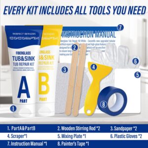 Bathtub Repair Kit White, Bathtub Enamel and Fiberglass Tub Repair Kit, Fix Chips, Patches, Cracks, Peelings, Holes & Scratches on Bathtub, Tile, Shower, Tray in Bathroom, for Acrylic, Porcelain