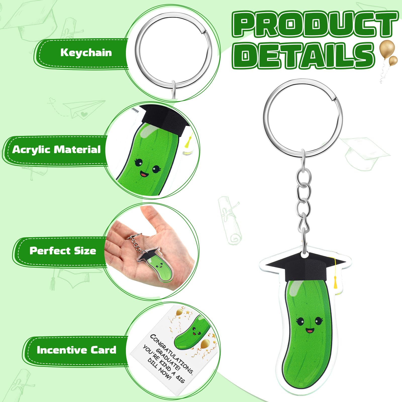 JaGely 20 Sets 2024 Graduation Gifts Graduation Inspirational Positive Pickle Keychains Emotional Support Keychains Bulk Positive Cucumber Pickle with Funny Card and Card Bags for Student School Party