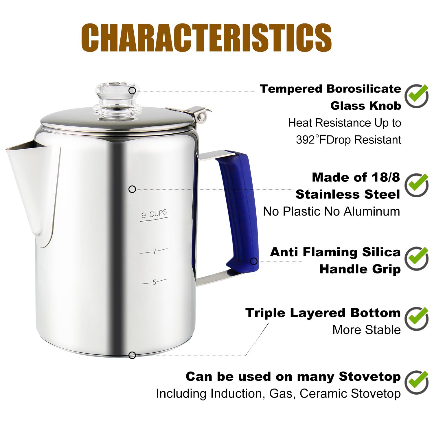 APOXCON Multi Use Percolator Coffee Pot Stainless Steel Stove Top Coffee Maker with Two Borosilicate Glass Knob Silica Handle Camping Coffee Pot Using on Campfire Stove & Induction Cooker Silver 9 Cup