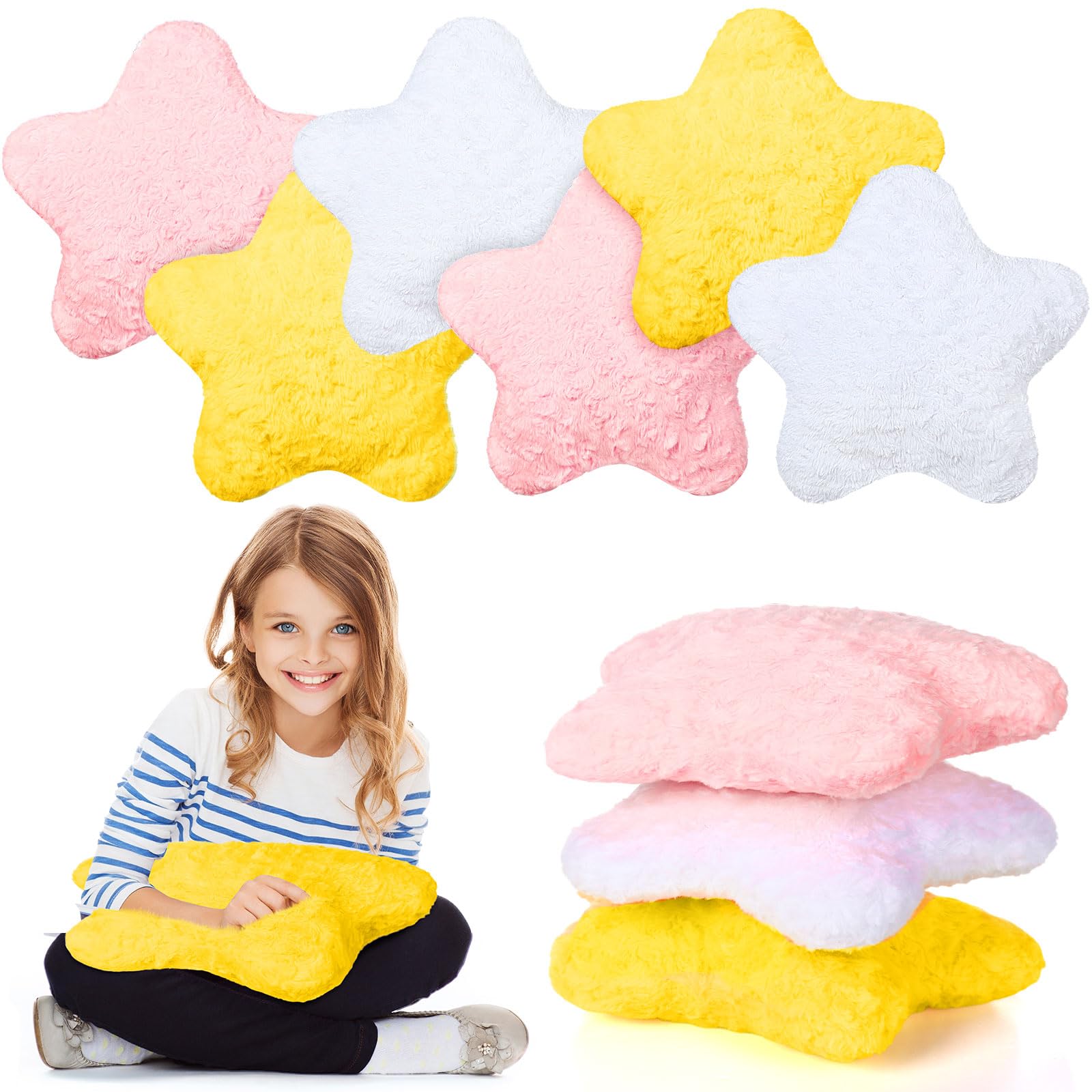 Yousoontic 6 Pcs Star Plush Throw Pillows Cute Preppy Star Shaped Floor Cushions Kids Aesthetic Room Decorative Pillows for Sofa Living Room Bedroom, 15.75 Inches(Pink,Yellow, White)