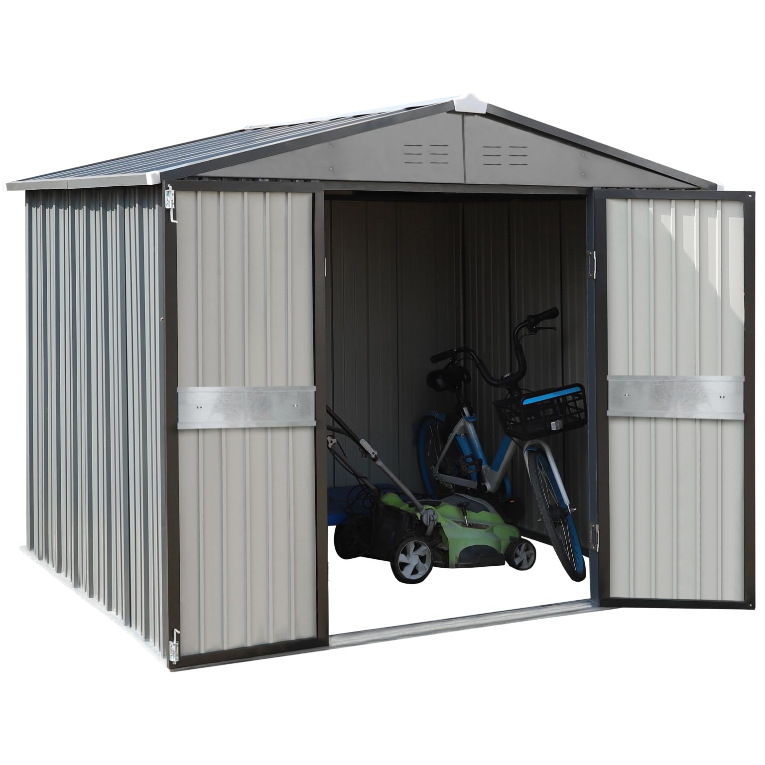 VEIKOU 8 x 12 FT Storage Shed, Outdoor Shed with Thickened Galvanized Steel, Lockable Door, Air Vents, Sheds & Outdoor Storage for Patio, Grey