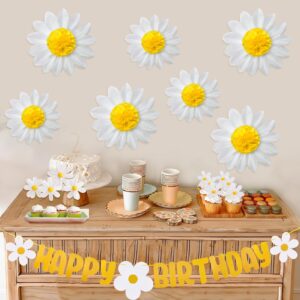 Daisy Birthday Decorations Daisy Tissue Pom Poms White Yellow Paper Flowers Wall Hanging Decorations with Daisy Birthday Banner for 1st Birthday Bridal Baby Shower Wedding Classroom Décor