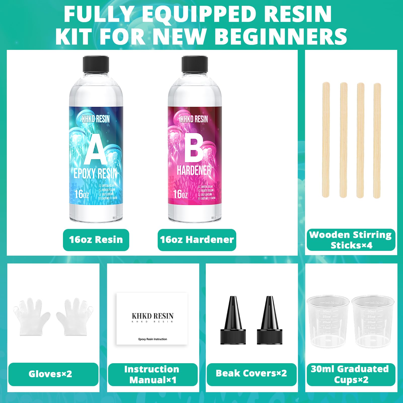 KHKD RESIN Crystal Clear Epoxy Resin Kit, 32OZ Art Resin and Hardener Kit - No Bubble & Yellowing, UV Resistant, Food Safe Epoxy Resina Epoxica for DIY Crafts Jewelry Coasters Countertop Coating