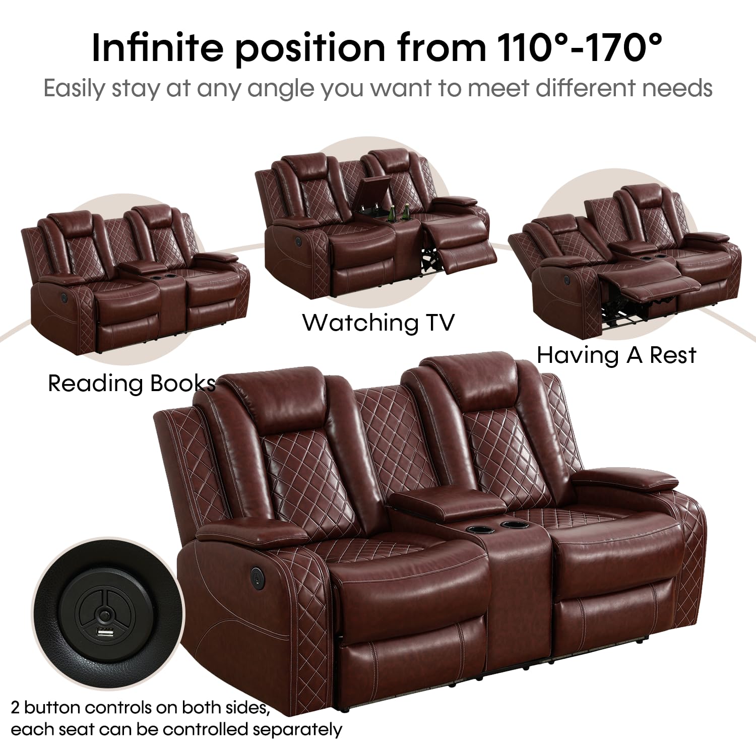 Caberryne Power Recliner Sofa Set with LED Lights,Leather Reclining Loveseat with Double Recliner/USB Port/Storage Console/Cup Holder,Living Room Furniture for House/Home Theater(Loveseat,Wine Red)