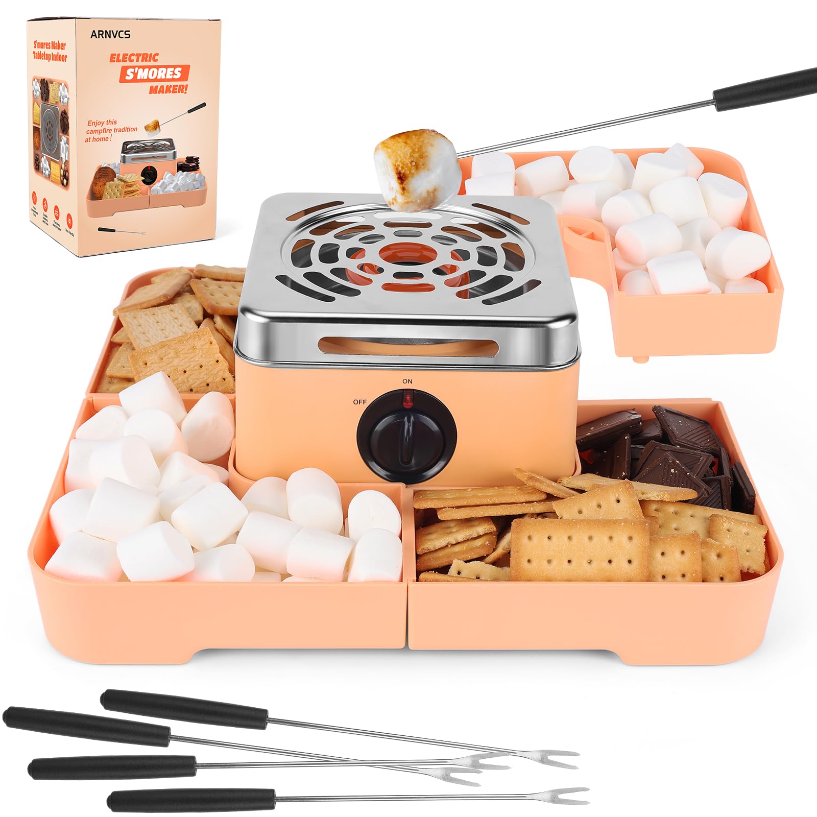 ARNVCS Indoor Smore Maker Electric, S'mores Maker Tabletop Indoor, Marshmallow Roaster Table Top with Flamesless Heater & 4 Serving Trays & 4 Skewers for Chocolate, Family Kids Fun-Peach Color