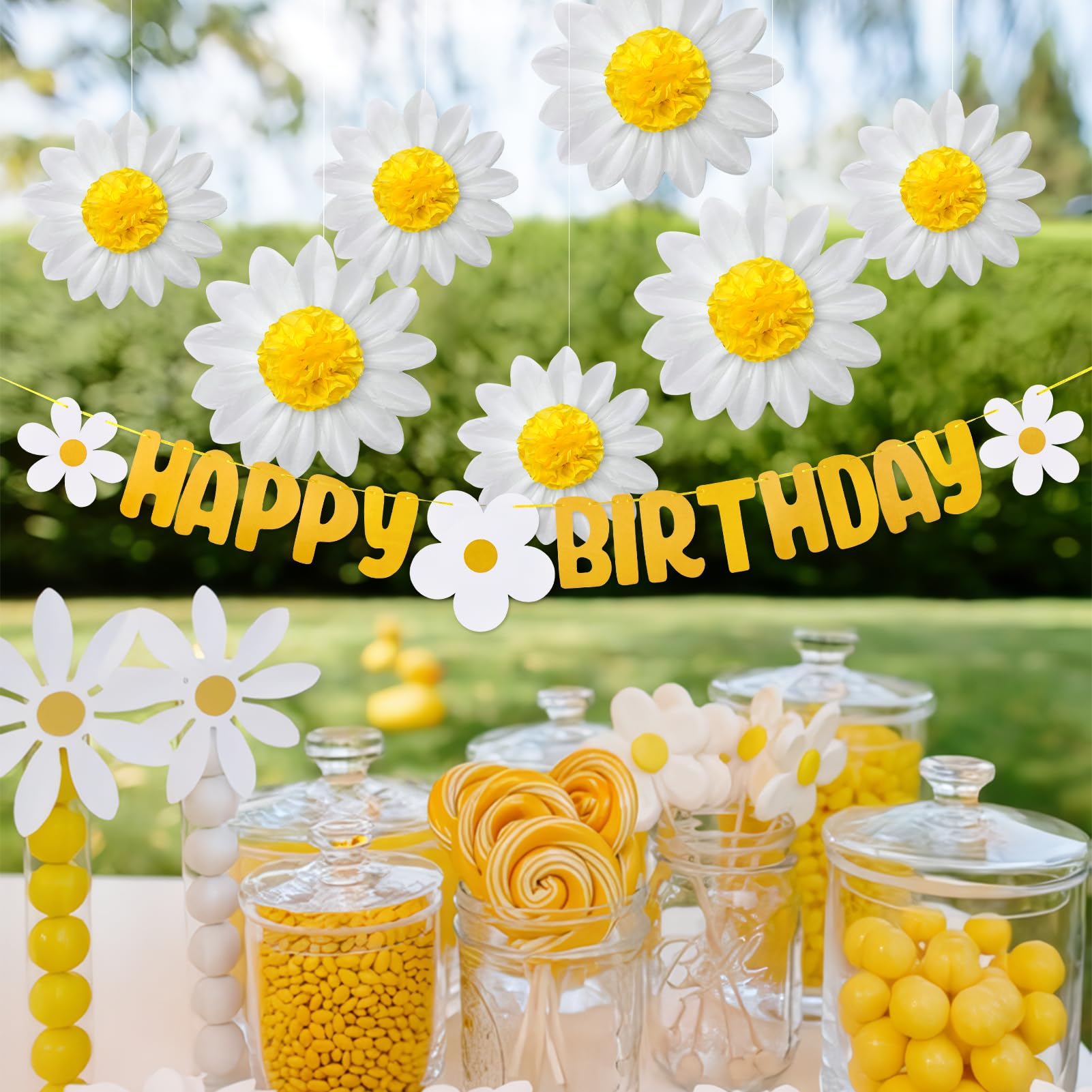 Daisy Birthday Decorations Daisy Tissue Pom Poms White Yellow Paper Flowers Wall Hanging Decorations with Daisy Birthday Banner for 1st Birthday Bridal Baby Shower Wedding Classroom Décor