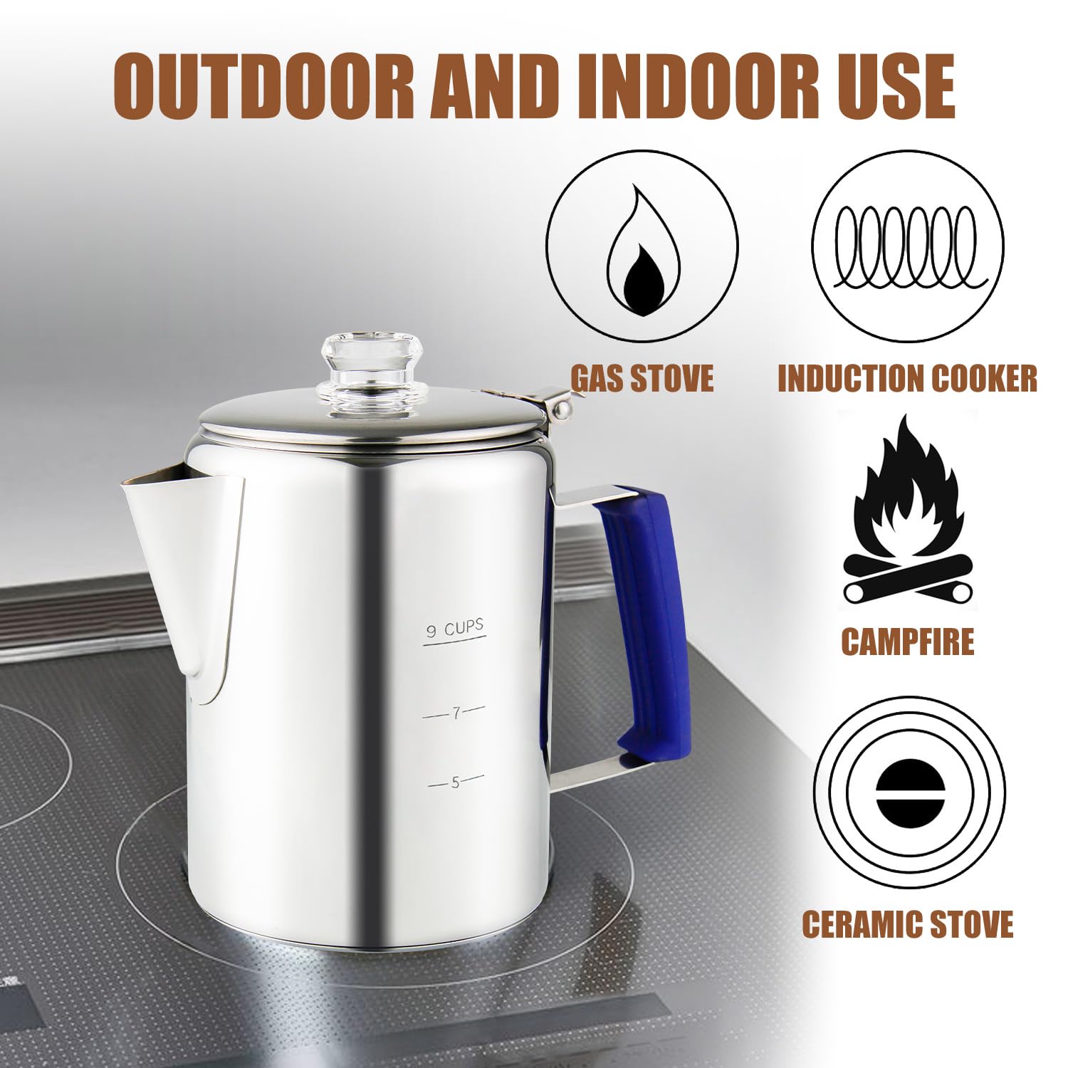 APOXCON Multi Use Percolator Coffee Pot Stainless Steel Stove Top Coffee Maker with Two Borosilicate Glass Knob Silica Handle Camping Coffee Pot Using on Campfire Stove & Induction Cooker Silver 9 Cup