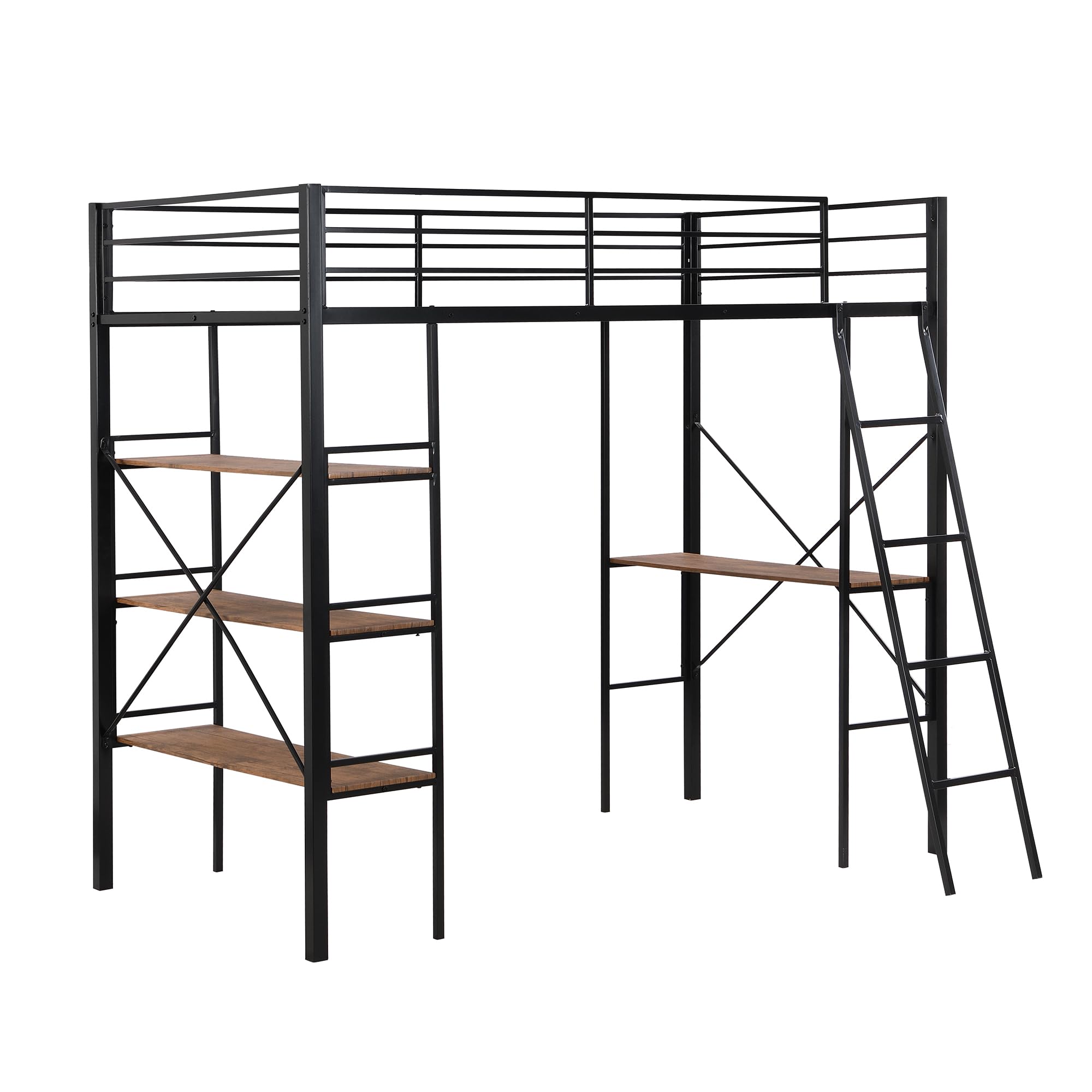 Kids Metal Loft Bed Twin Size, Twin Loft Bed with Desk and Storage, Twin Size Loft Bed with Full Length Guardrail and Ladder, Heavy Duty Loft Bed for Kids, (Twin Black)