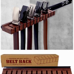 Black Walnut Wood Belt Rack with Slide, Belt Hanger for Closet, Belt and Tie Storage Organizer, Space Saving Wooden Belt Holder, Gift Idea for Husband and Father’s Day