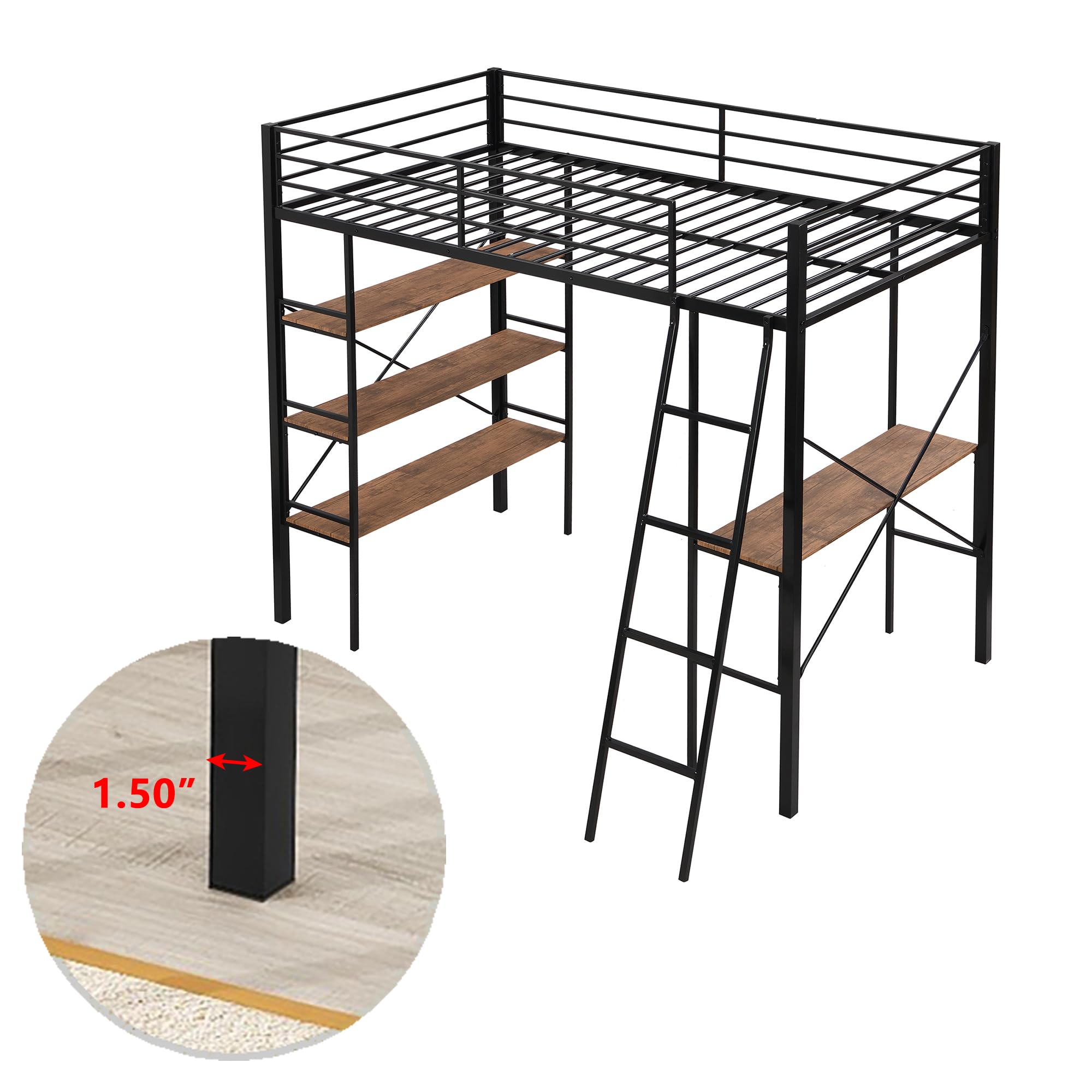 Kids Metal Loft Bed Twin Size, Twin Loft Bed with Desk and Storage, Twin Size Loft Bed with Full Length Guardrail and Ladder, Heavy Duty Loft Bed for Kids, (Twin Black)