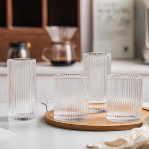 INSETLAN Set of 8 Vintage Glassware - 4 Highball Glasses 12 oz, 4 Rocks Glass Cups 14 oz, Ribbed Glassware Cocktail Glasses, Ideal for Wine, Juice, Water, Ice Coffee Cup, Whiskey, Mixed Drinkware