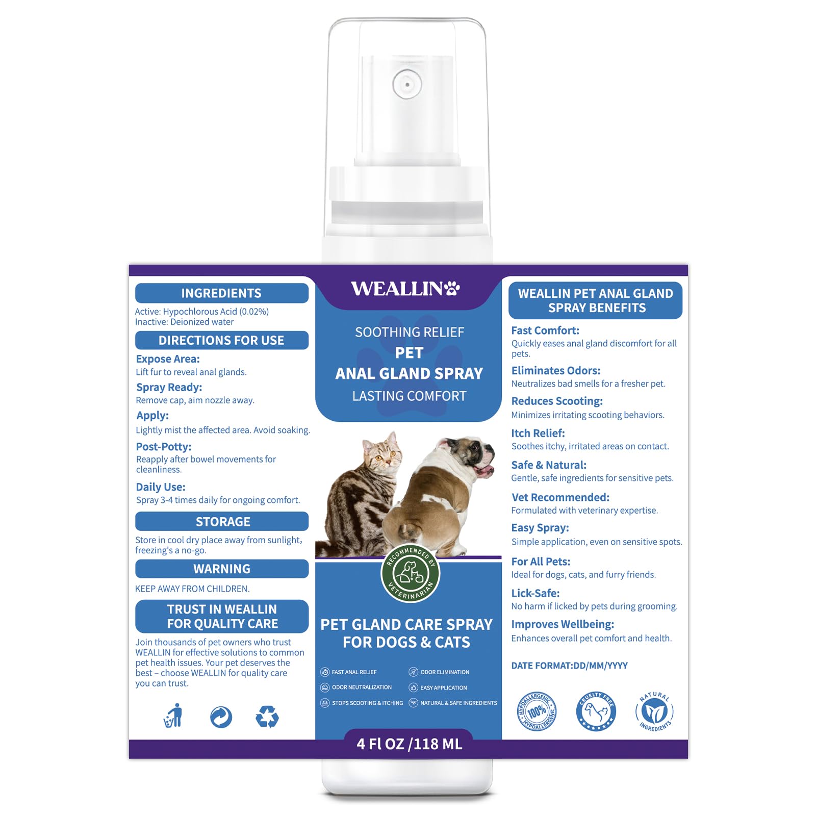 WEALLIN Anal Gland Spray for Dogs Cats - Fast Anal Gland Relief Stops Scooting & Itching Odor Elimination Anti Itch Dog Spray Pain Relieving Safe for All Animals - 4.06 FL OZ