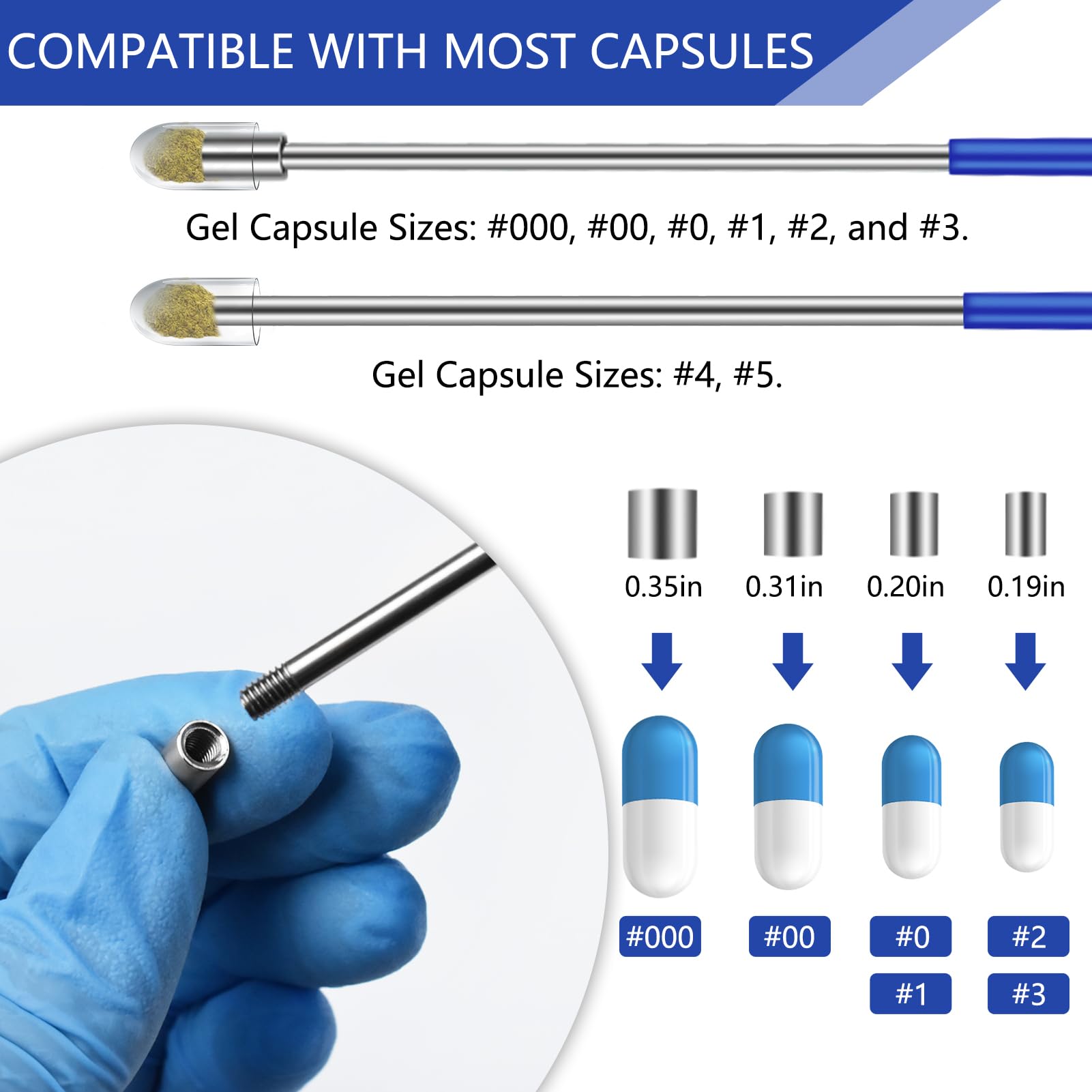 Artcome 12 PCS Versatile Capsule Filling Tool Kit for Pill Filler - Lab Scoops, Dual-Ended Long Spoon, and Herb Tamper - Ideal Tools for Medication and Supplements - All Sizes 000 00 0 1 2 3 4 5