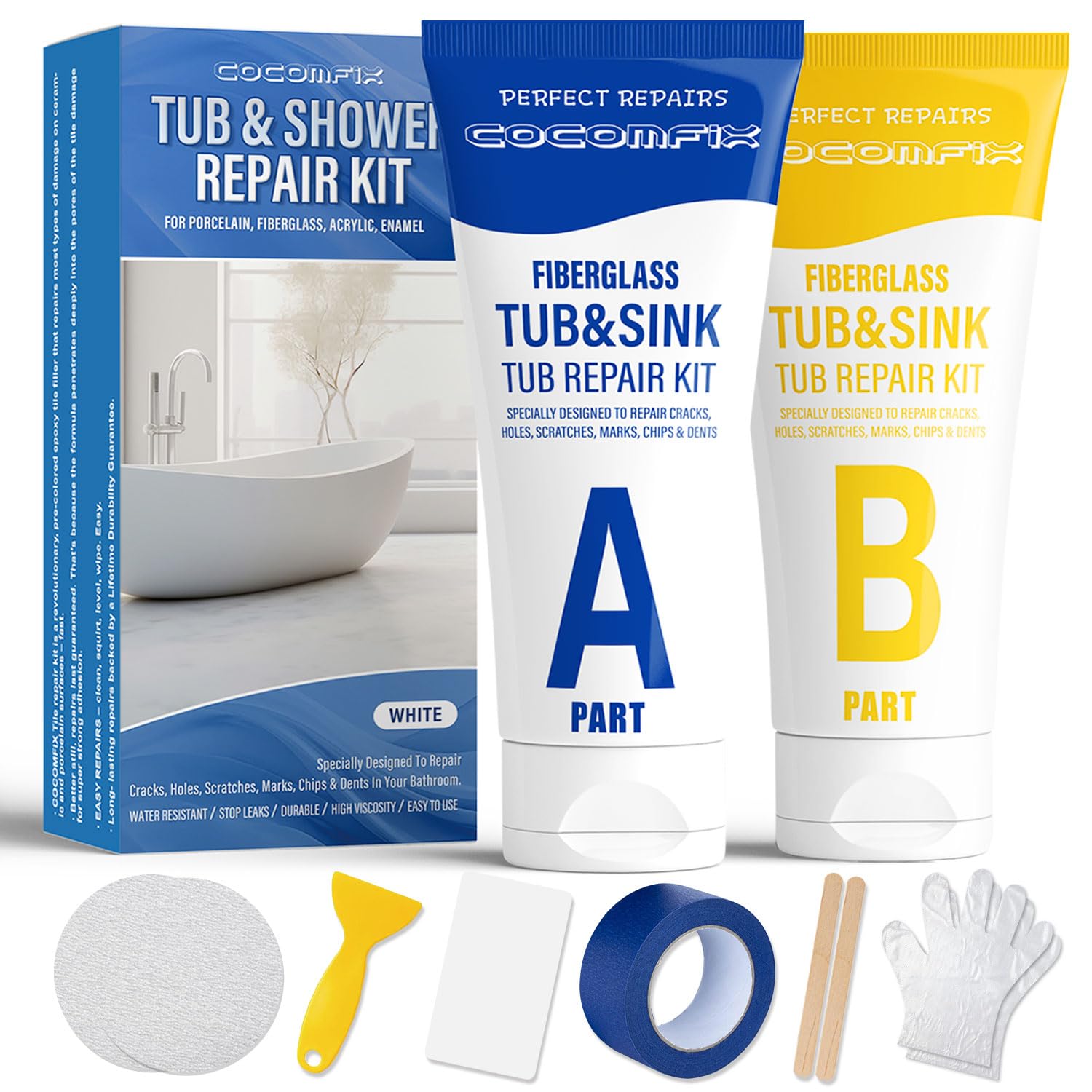 Bathtub Repair Kit White, Bathtub Enamel and Fiberglass Tub Repair Kit, Fix Chips, Patches, Cracks, Peelings, Holes & Scratches on Bathtub, Tile, Shower, Tray in Bathroom, for Acrylic, Porcelain