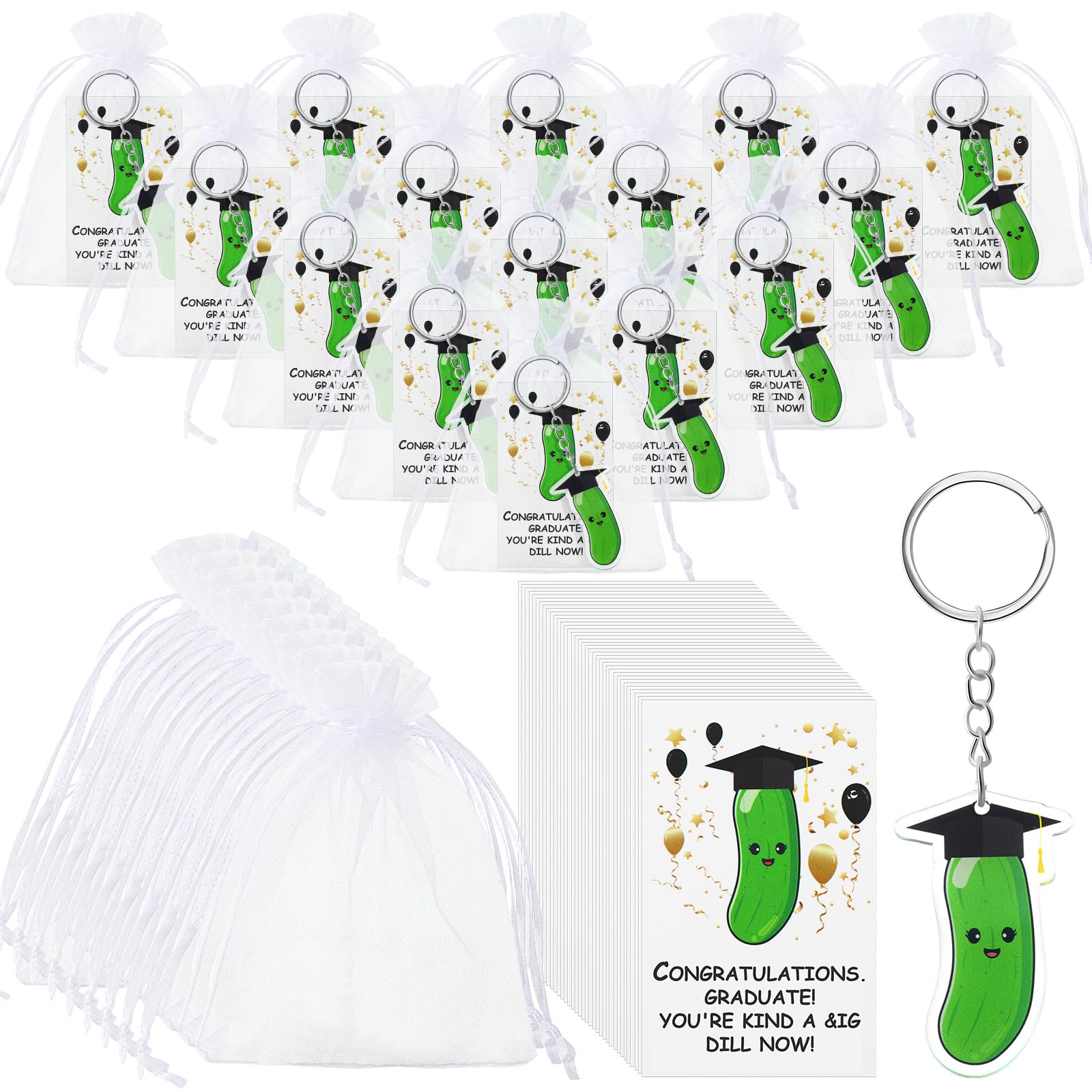 JaGely 20 Sets 2024 Graduation Gifts Graduation Inspirational Positive Pickle Keychains Emotional Support Keychains Bulk Positive Cucumber Pickle with Funny Card and Card Bags for Student School Party