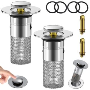 2pcs bathroom sink stopper hair catcher, pop up sink drain filter with removable stainless steel filter basket hair catcher, for us bathroom sink stopper replacement.