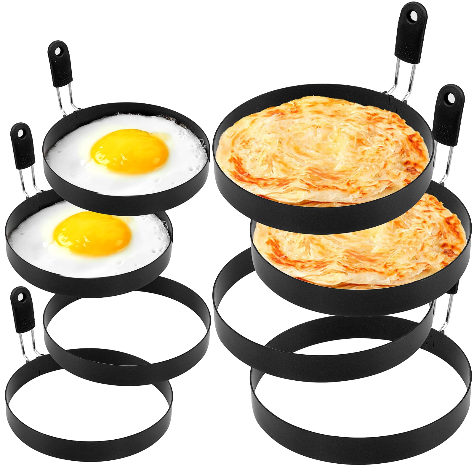 8 Pack Stainless Steel Fried Egg Ring, Pancake Ring Mold Round Egg Cooker Nonstick Griddle Pancake Shapers with Silicone Handle for Breakfast Omelette Sandwich(4 Inch, 6 Inch)