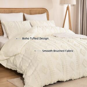 PHF Boho Duvet Cover Queen Size, Soft Tufted Duvet Cover Set for All Seasons, 3 Pieces Textured Shabby Chic Bedding Set with 2 Pillowcases, Snow White, 90" x 90"