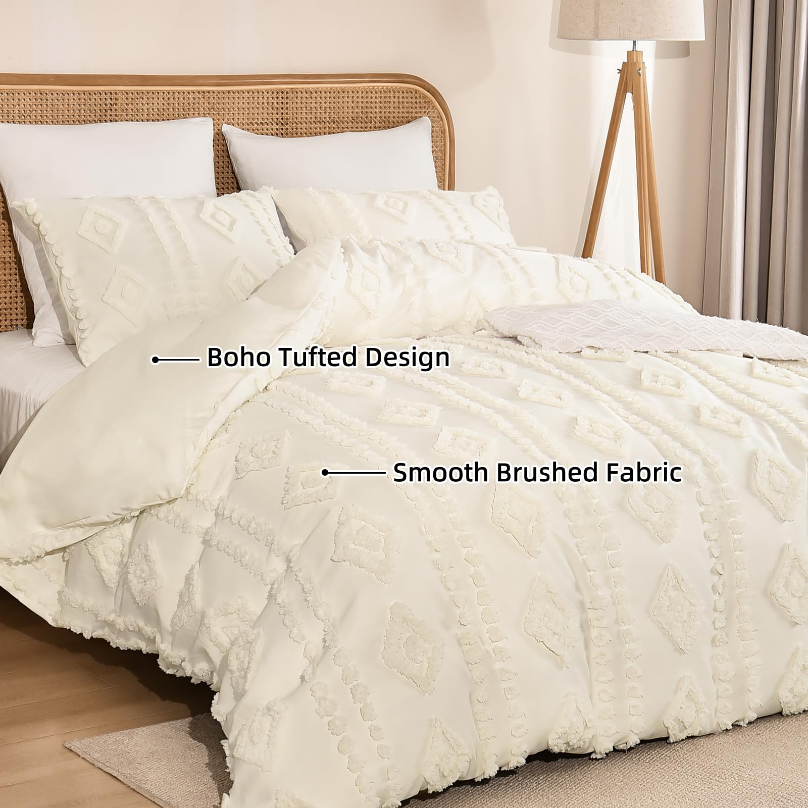 PHF Boho Duvet Cover Queen Size, Soft Tufted Duvet Cover Set for All Seasons, 3 Pieces Textured Shabby Chic Bedding Set with 2 Pillowcases, Snow White, 90" x 90"