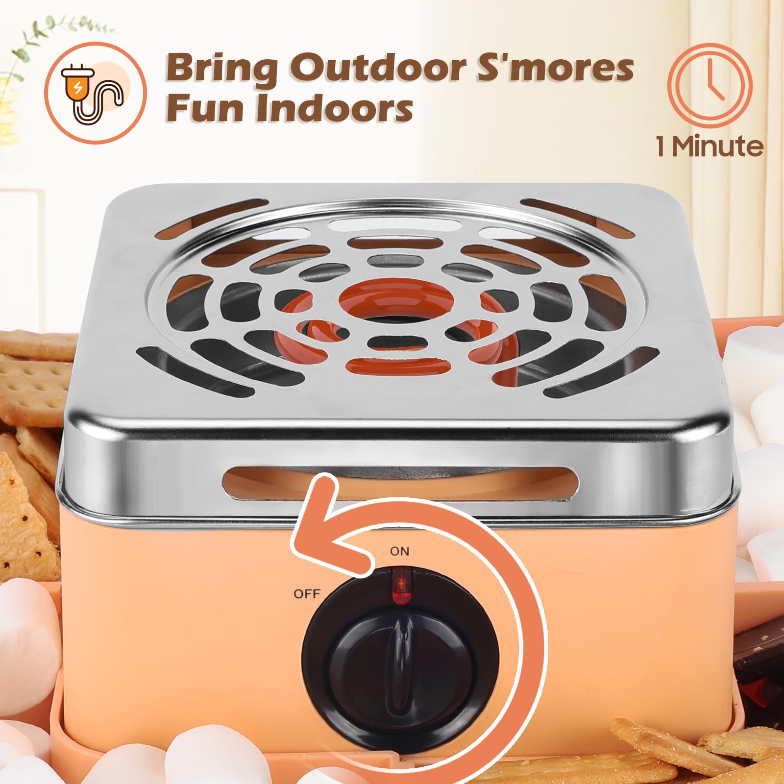 ARNVCS Indoor Smore Maker Electric, S'mores Maker Tabletop Indoor, Marshmallow Roaster Table Top with Flamesless Heater & 4 Serving Trays & 4 Skewers for Chocolate, Family Kids Fun-Peach Color