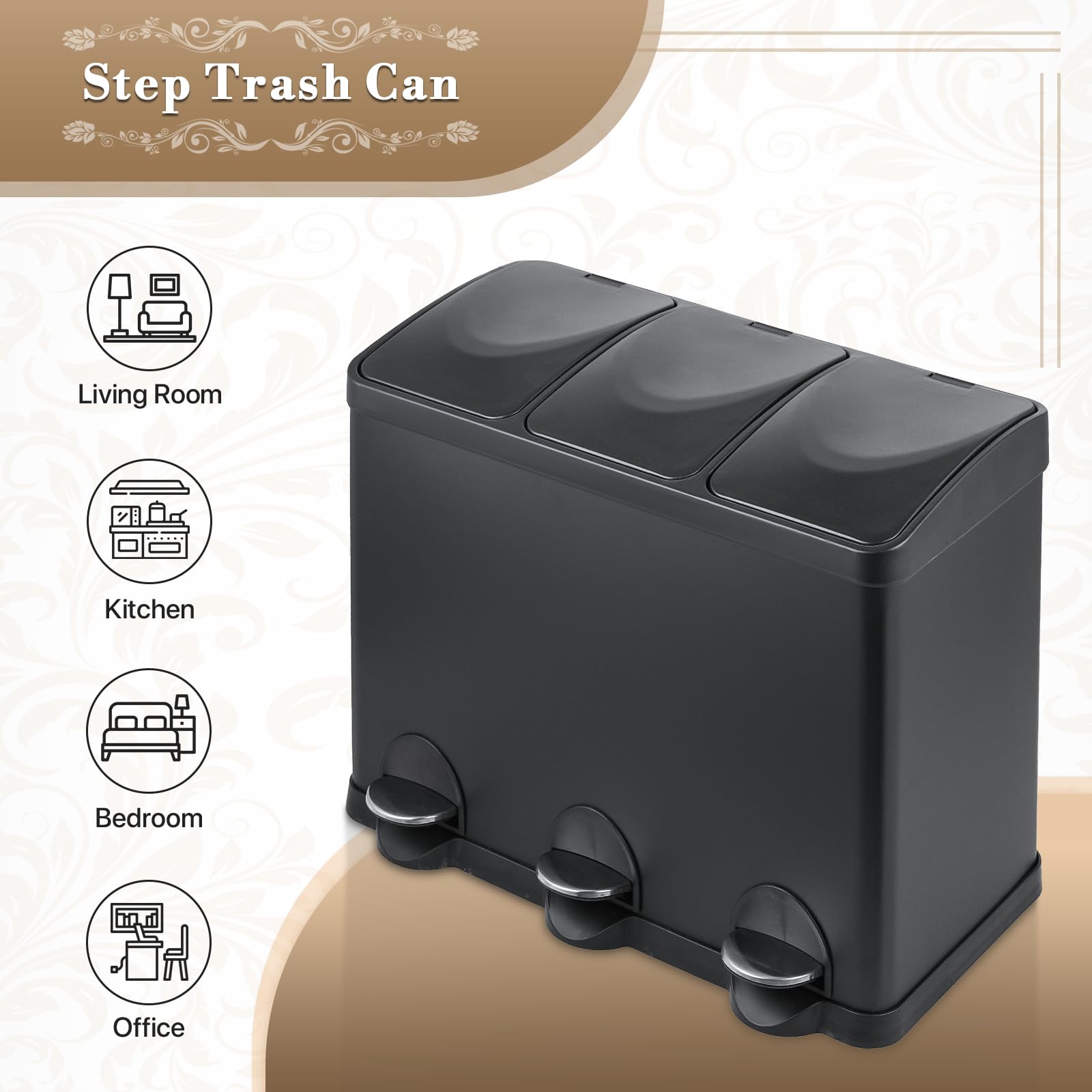 Athena Collection 3 in 1 Trash Can with Lid Triple Step-on Trash Can 15 Liter Waste Bin 4 Gallon Trash Bin 3 Compartment Garbage Bin Inner Bucket with Handle for Kitchen, Living Room, Office, Black