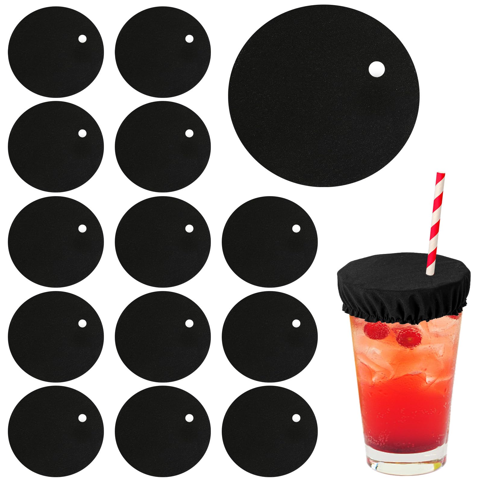 15pcs Drink Cover Scrunchies, Elastic Fabric Class Cup Drink Covers for Alcohol Protection with Straw Hole Reusable & Washable Protective Drink Cap for Women Girls Bar Party (Black)