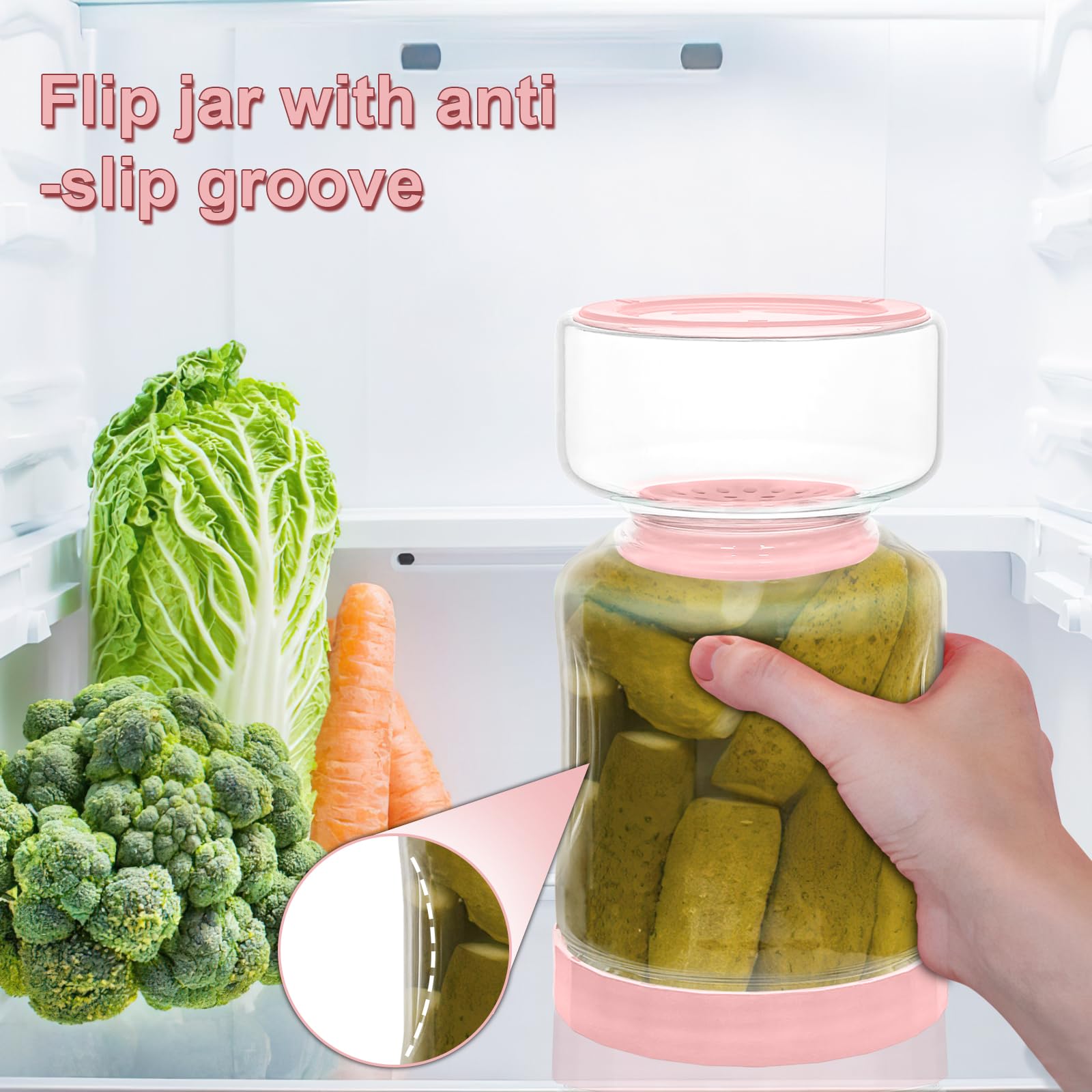 AiHeart Pickle Jar with Strainer Flip,51oz Pickle Jar,Pickle Container with Strainer,Airtight Hourglass Pickle Jar,For Dill Sliced Pickles Jalapeno,Olive(Pink)