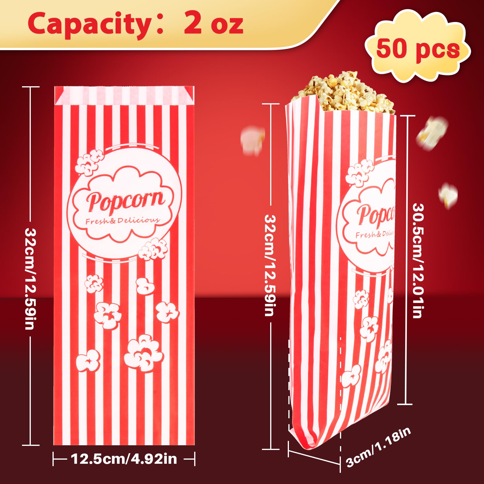 50 Popcorn Bags Individual Servings - 2oz Disposable Food Paper Popcorn Bags Party Pop Corn Sleeves Bulk Carnival Halloween Snack Packs Gift Favor Treat bolsas para palomitas Movie Night Supplies