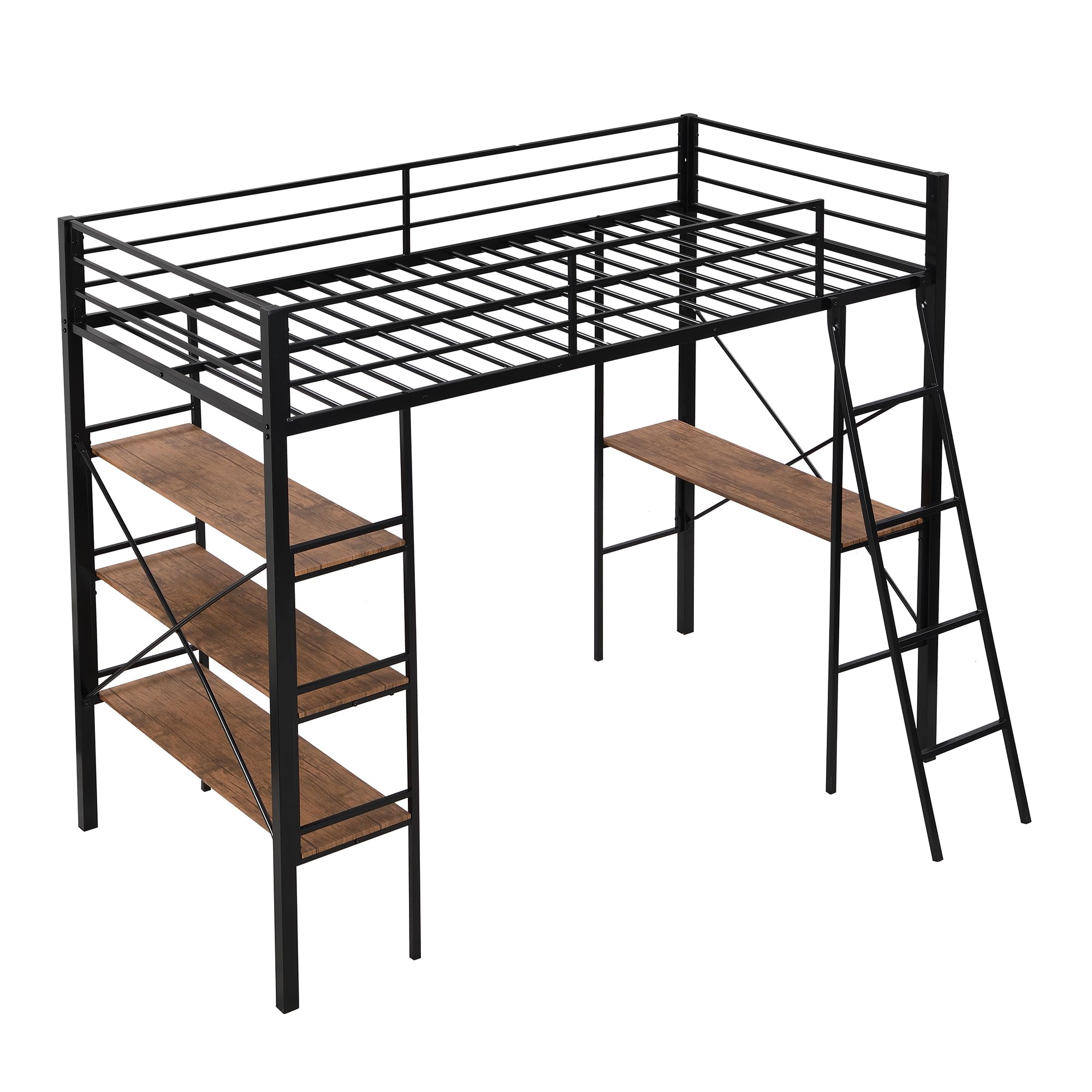 Kids Metal Loft Bed Twin Size, Twin Loft Bed with Desk and Storage, Twin Size Loft Bed with Full Length Guardrail and Ladder, Heavy Duty Loft Bed for Kids, (Twin Black)