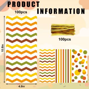 Whaline 100Pcs Thanksgiving Cellophane Treat Bags Colorful Stripe Wave Dot Plastic Gift Bags Fall Candy Goodie Bags with Twist Ties for Autumn Thanksgiving Party Cookie Snack Packing Supplies