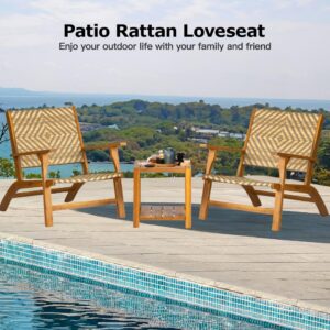 Panana 3 Pieces Patio Furniture Set Acacia Wood Side Table and PE Rattan Wicker Bistro Set Wooden Chairs for Outdoor, Deck, Porch, Poolside, Balcony