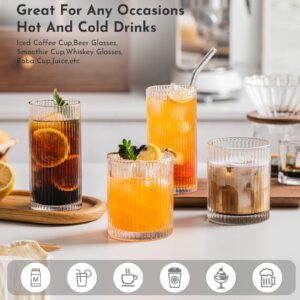 INSETLAN Set of 8 Vintage Glassware - 4 Highball Glasses 12 oz, 4 Rocks Glass Cups 14 oz, Ribbed Glassware Cocktail Glasses, Ideal for Wine, Juice, Water, Ice Coffee Cup, Whiskey, Mixed Drinkware