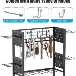 CCCEI Garage Small Power Tools Organizer Floor Stand, Drill and Battery Storage Rack with Charging Station, All Metal Tool Shelf with Pegboard and Hooks, Gift for Men.