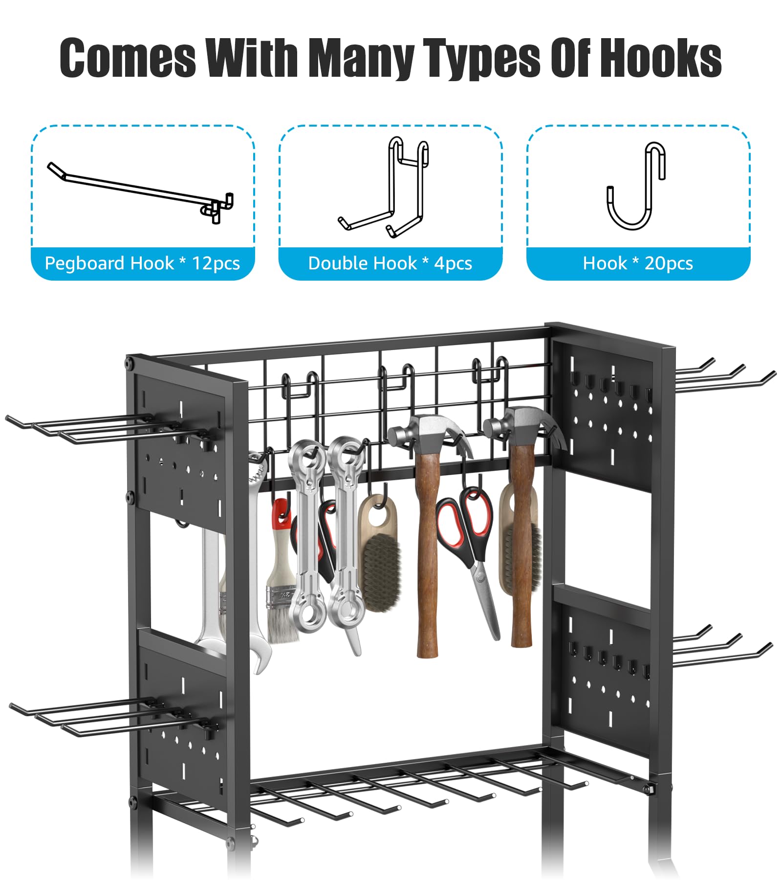 CCCEI Garage Small Power Tools Organizer Floor Stand, Drill and Battery Storage Rack with Charging Station, All Metal Tool Shelf with Pegboard and Hooks, Gift for Men.