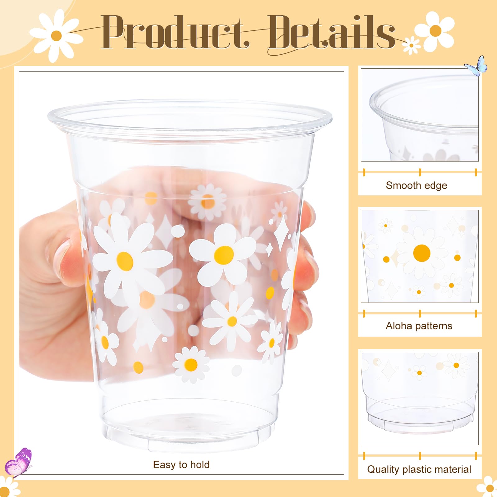 Yaomiao 50 Pieces Daisy Plastic Cups 12 Oz Bulk Retro Hippie Clear Disposable Cups Daisy Flower Drinking Beverage Cups for Birthday Baby Shower Bridal Shower Bachelorette Party Decoration Supplies