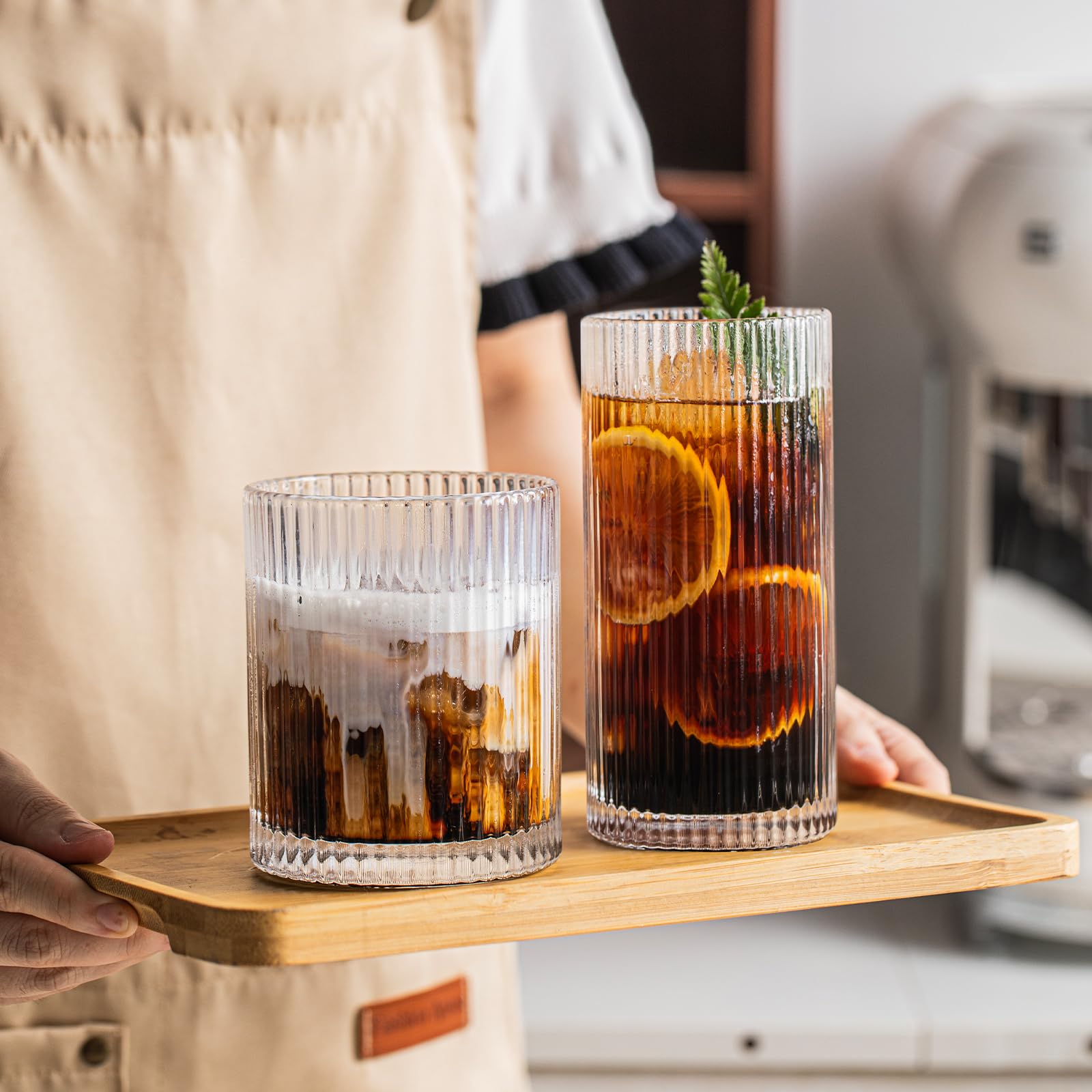 INSETLAN Set of 8 Vintage Glassware - 4 Highball Glasses 12 oz, 4 Rocks Glass Cups 14 oz, Ribbed Glassware Cocktail Glasses, Ideal for Wine, Juice, Water, Ice Coffee Cup, Whiskey, Mixed Drinkware